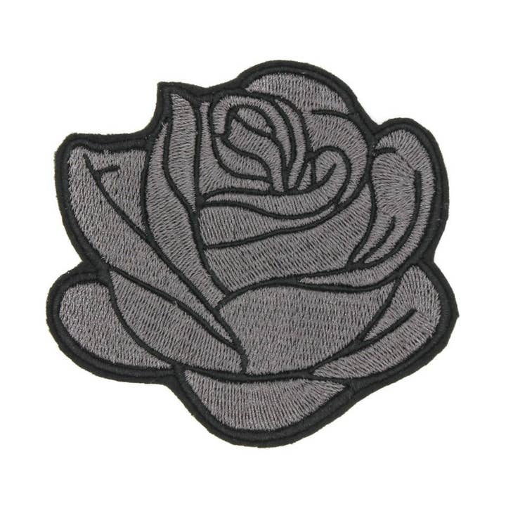 Large Gray and Black Rockabilly Rose Iron-On Patch for wholesale by Project Pinup