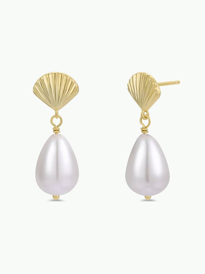 Seashell Pearl Drop Gold Earrings for wholesale by JaxKelly