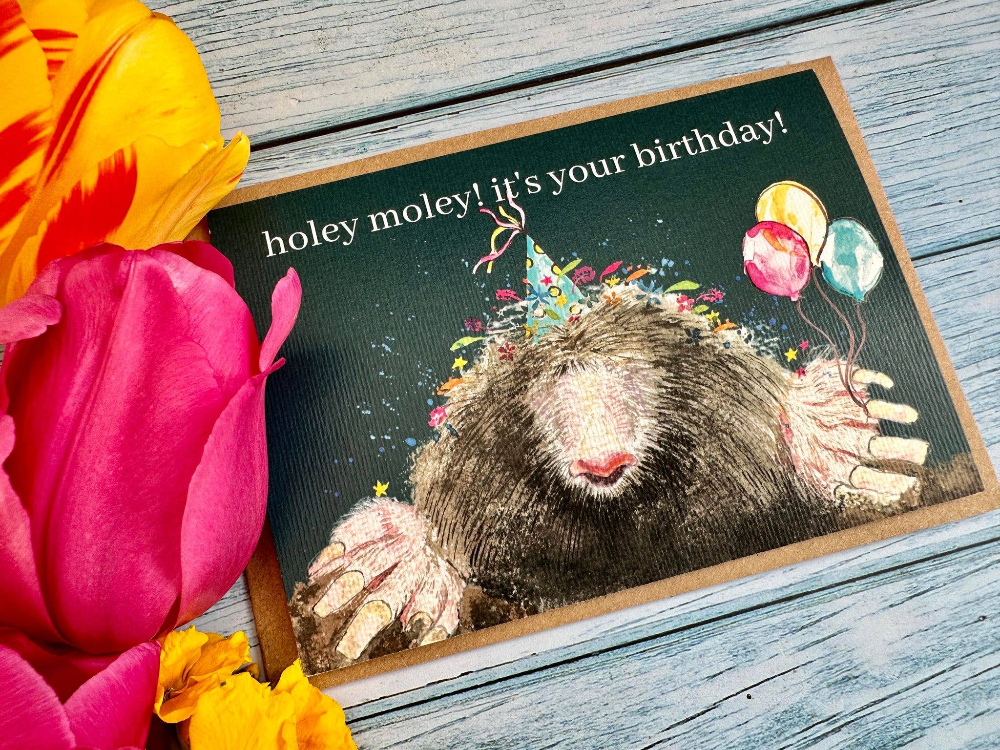 Jen Winnett Eco Artist - Vente Cartes d'anniversaire - Carte d'anniversaire Holey Moley Mole | Jolie carte écologique1