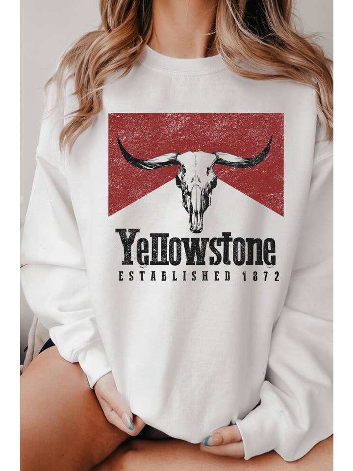 Rustee Clothing - Wholesale Graphic Sweatshirt - Women's - YELLOWSTONE COW SKULL GRAPHIC BRUSHED SWEATSHIRTS