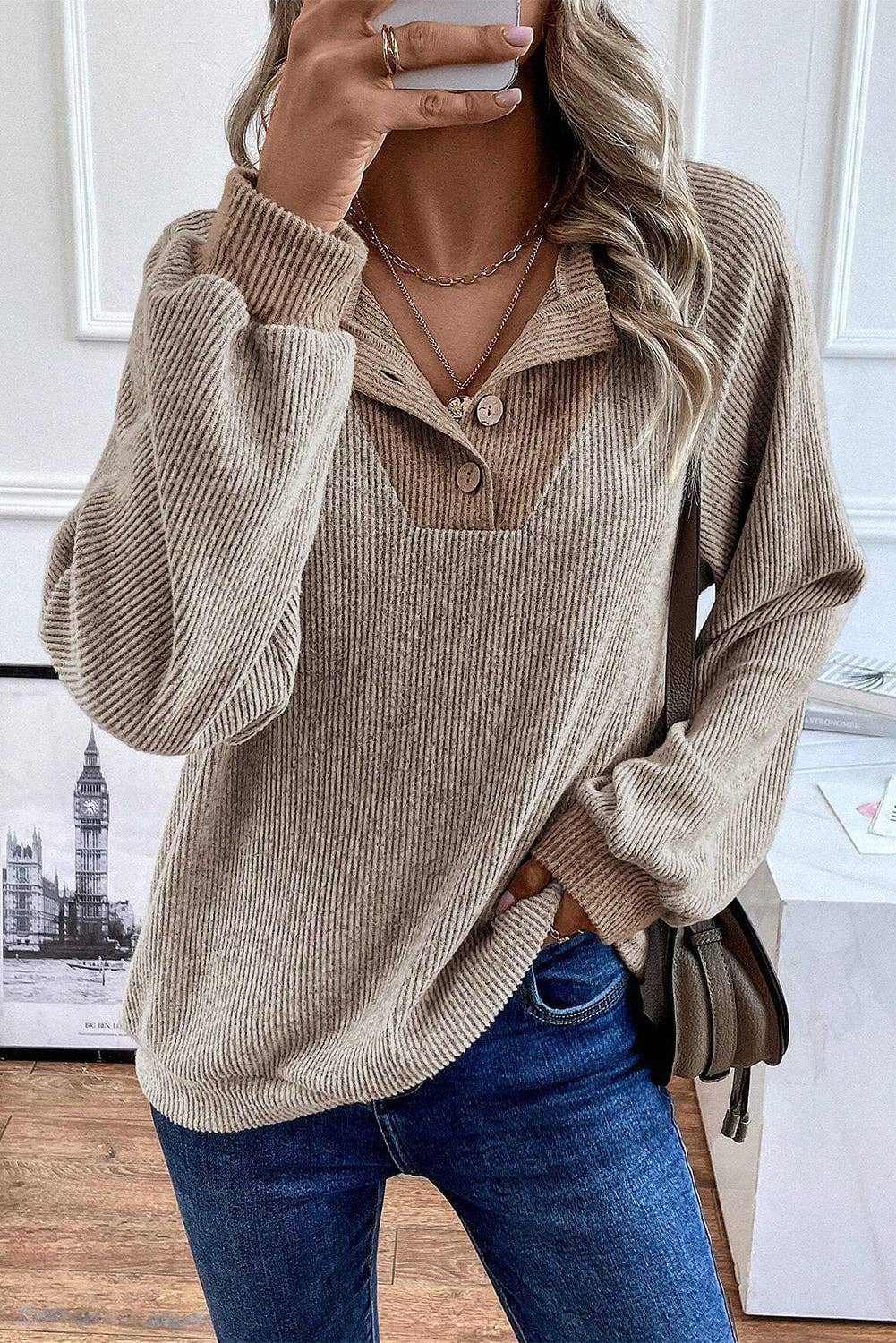 Lovesoft - Wholesale Knit top – Women's - Jet Stream Color Contrast Ribbed Loose Fit Long Sleeve Top