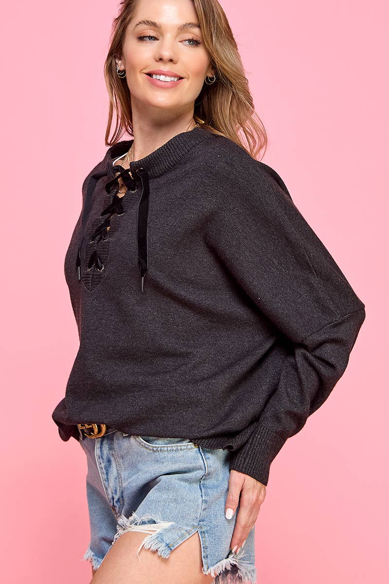 Charcoal drawstring chest long sleeve fall top for wholesale on Faire6