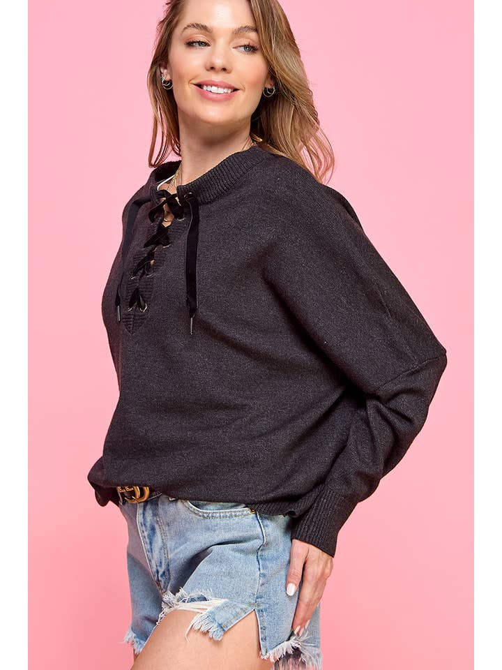 Charcoal drawstring chest long sleeve fall top for wholesale on Faire6