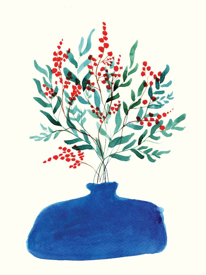 Vaso blu con eucalipto - Biglietto di auguri per la vendita all'ingrosso da parte di Maria Zvaric Illustration