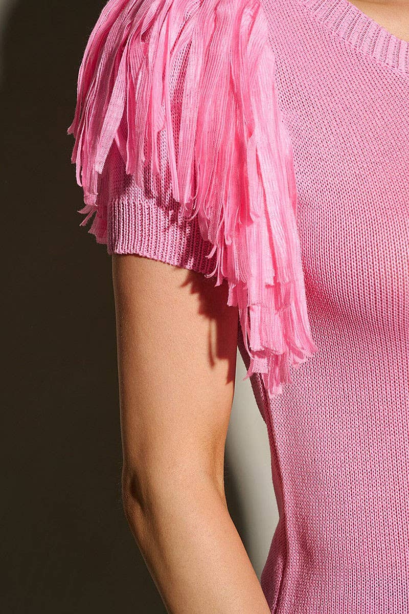 ROUSSEAU - Vendita all'ingrosso Top in maglia - Donna - BLUSA TINTA UNITA A MANICHE CORTE CON FRANGE3