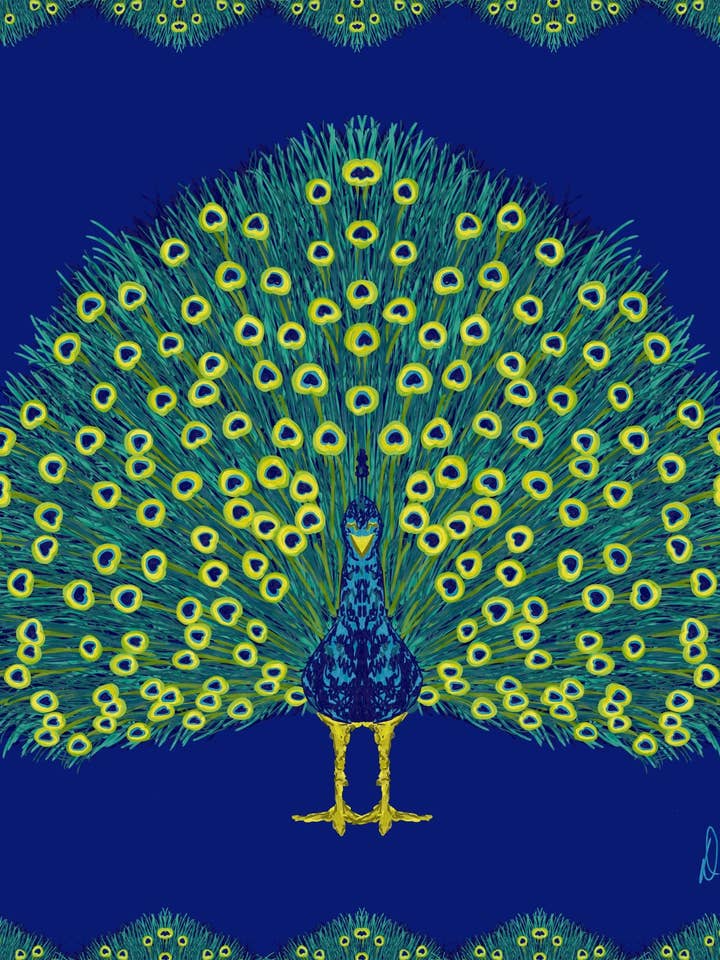Silk Scarf - Peacock in Royal Blue for wholesale by Dorothy Art