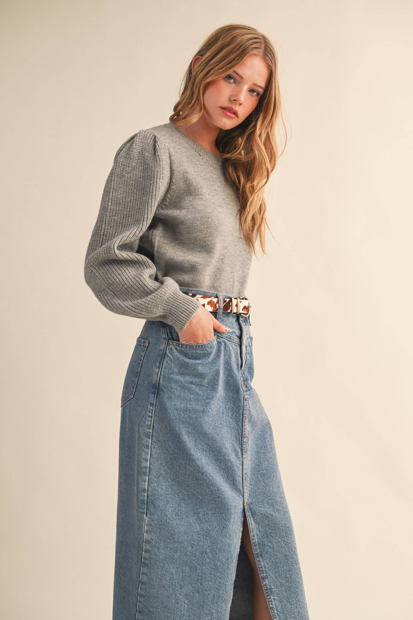 &MERCI - Wholesale Knit Sweater - Women's - RIBBED PUFF SLEEVE SWEATER MSW1095133