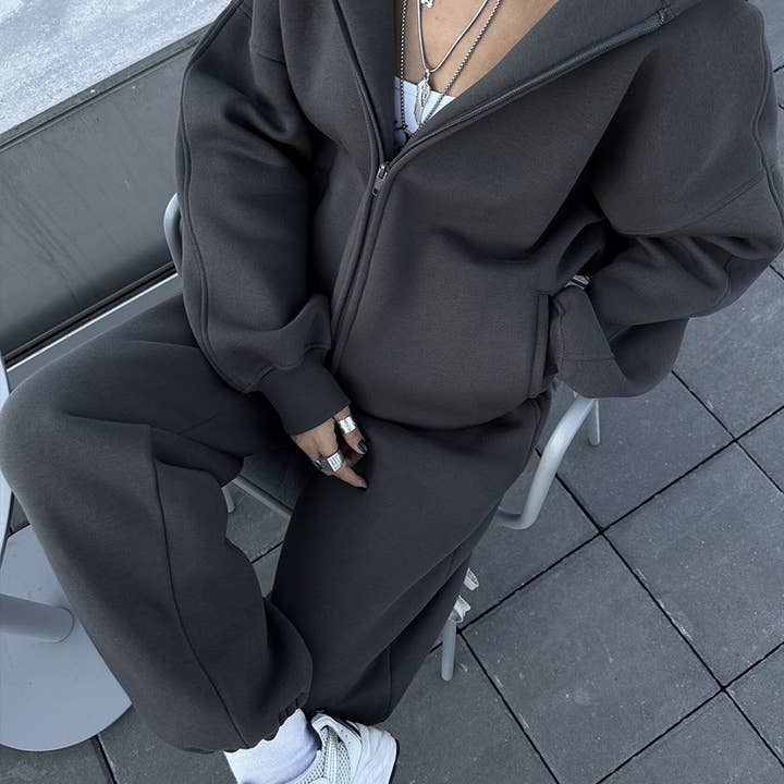 HIDDENBRAND - Wholesale Top & Pant Set (NOT Loungewear) - Women's - Sporty Hooded Sweatshirt Cardigan Trousers Two-Piece Set12