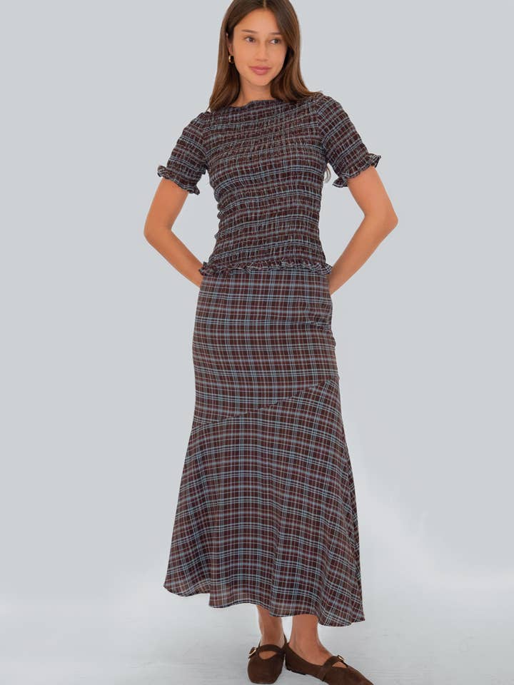 Alma Heritage Check Chiffon Asymmetric Maxi Skirt for wholesale by Amy Lynn