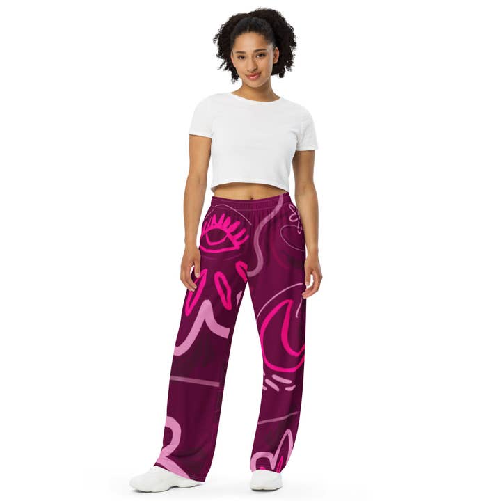 Donkerroze abstracte all-over print unisex wijde broek voor wholesale door Celeste Addison Art