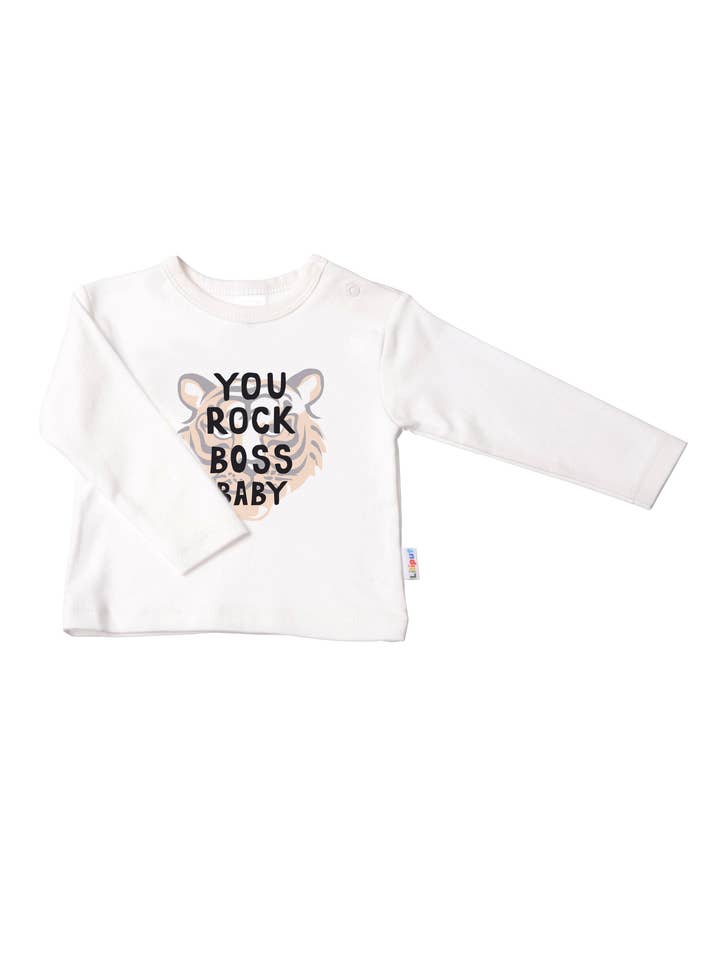 Chemise à manches longues écrue avec tigre et inscription « you rock boss baby » pour la vente par Liliput