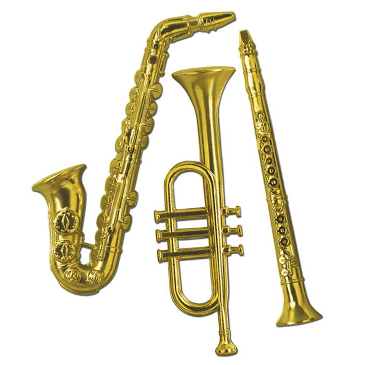 Gold Plastic Musical Instruments, 16"-21", 3/Package for wholesale by Beistle