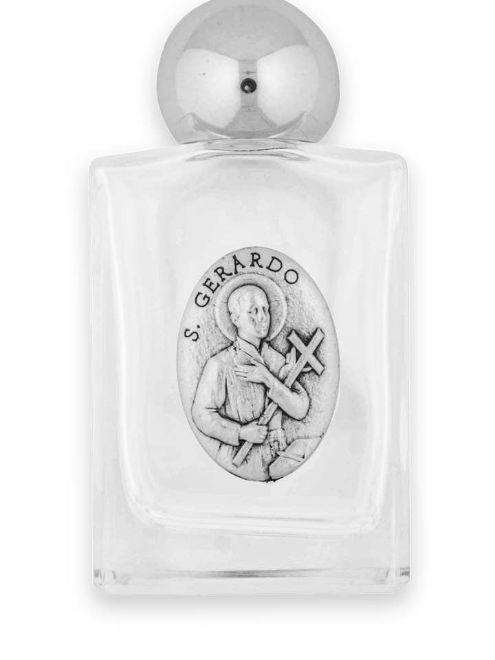 Glass Holy Water Bottle with Saint Gerard Medal for wholesale by Village Gift Importers