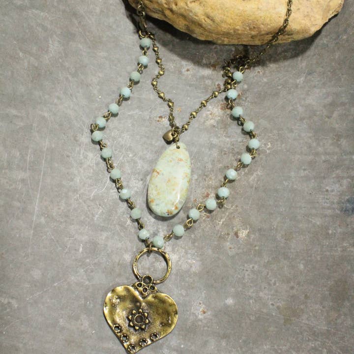 The Primitive Peddler, Inc. - Wholesale Pendant/Charm Necklace - Double Layered Stone & Bronze Heart Drop Necklace