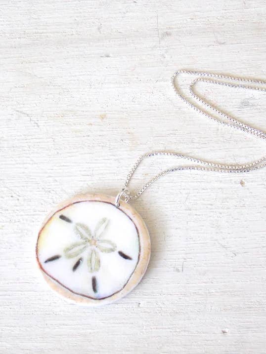 Sand dollar necklace, handmade beach necklace for wholesale by Faith and Franklin