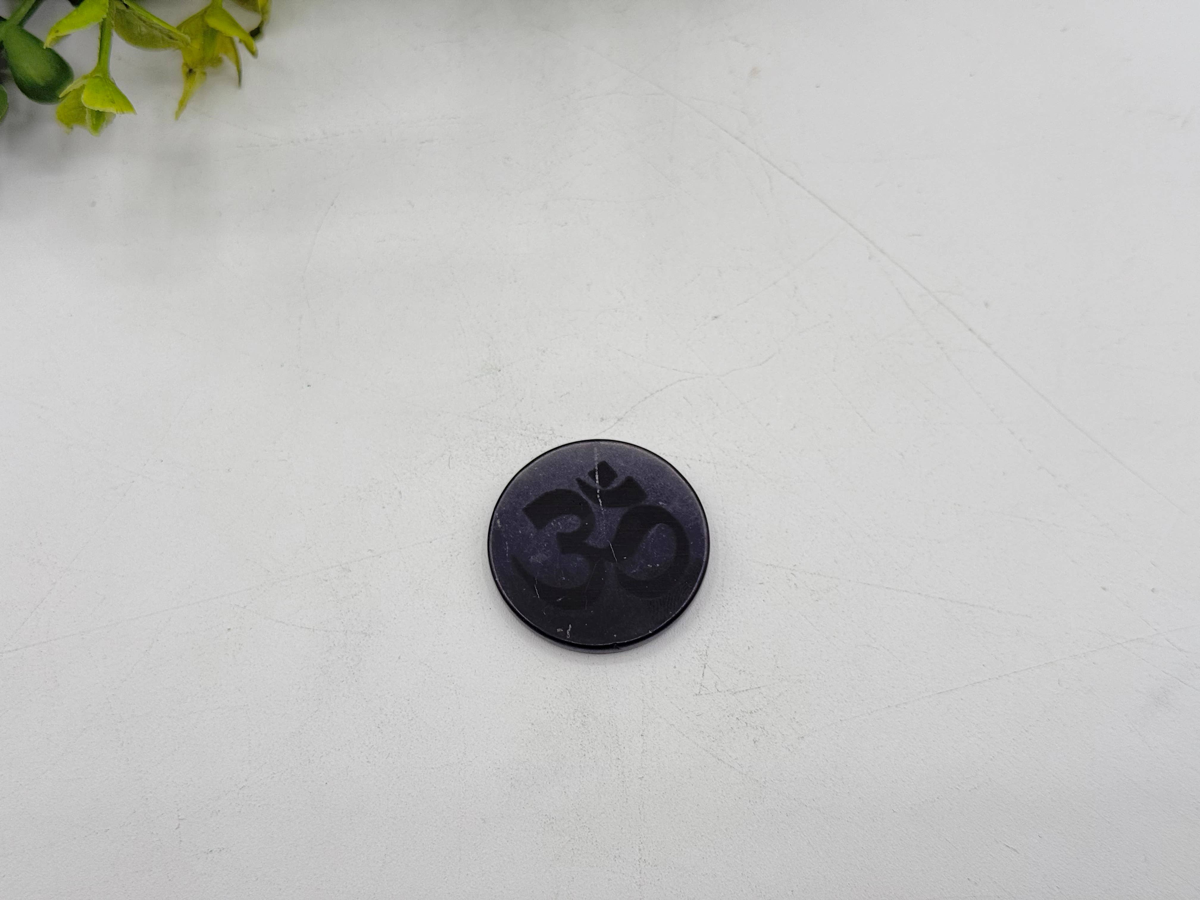 Meraki Gemstones - Wholesale Spiritual Stone/Crystal - Shungite EMF Cell Phone Tile Engraved with OM - 25mm2