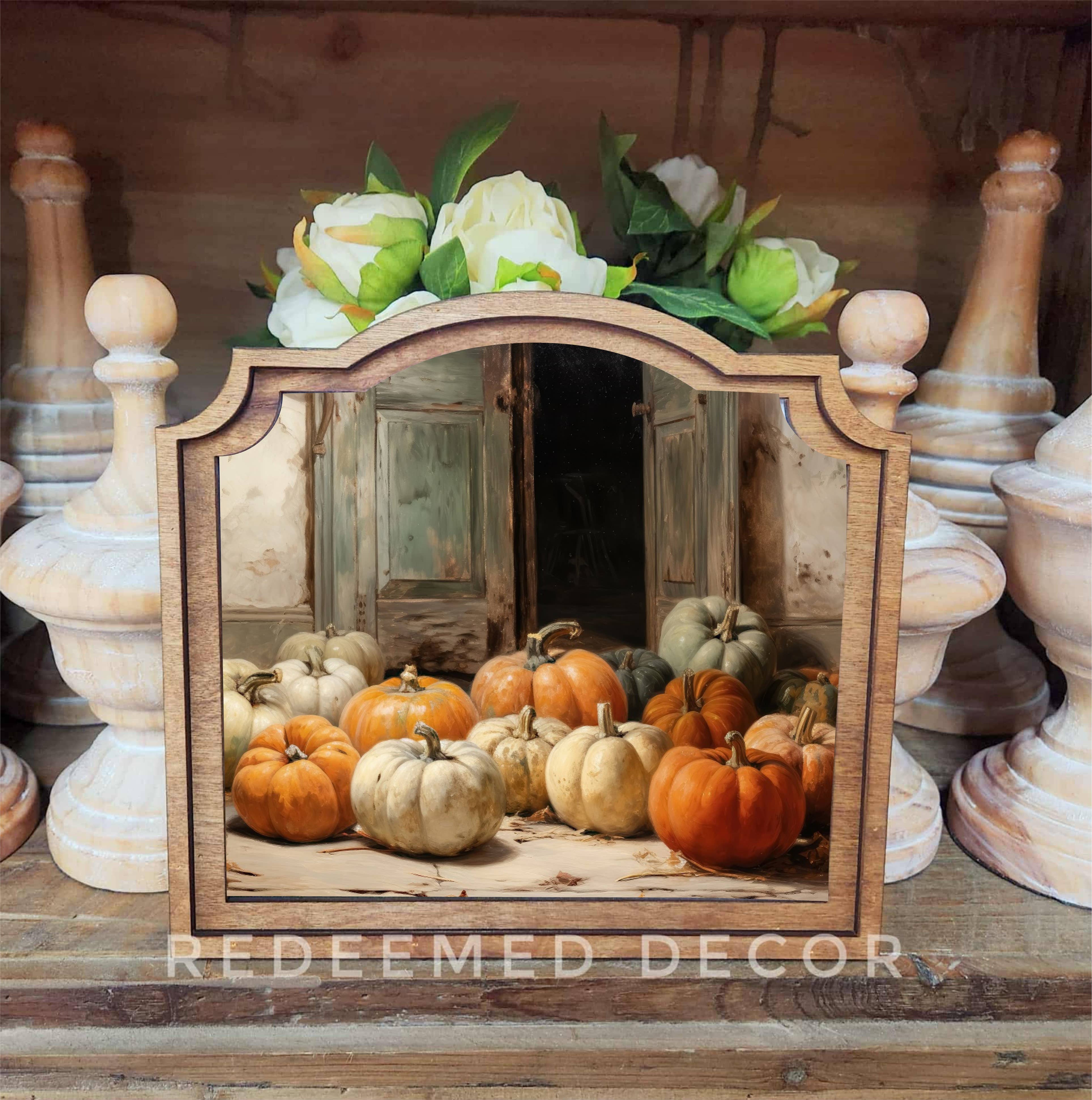 Redeemed Decor – Objeto de mesa decorativo por atacado – Arte em Moldura de Porta com Abóboras Provinciais