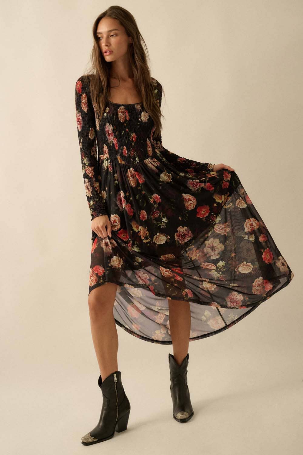 BLACK Floral-Print Mesh Smocked Long-Sleeve Maxi Dress for wholesale on Faire8