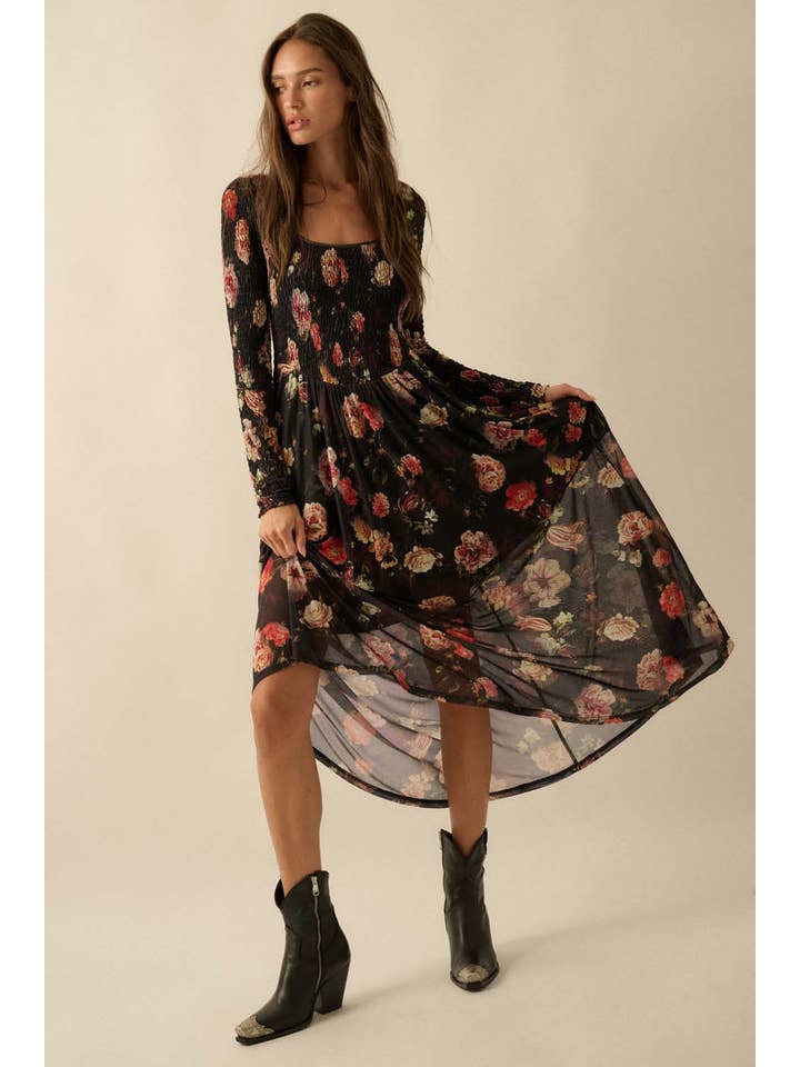 BLACK Floral-Print Mesh Smocked Long-Sleeve Maxi Dress for wholesale on Faire8