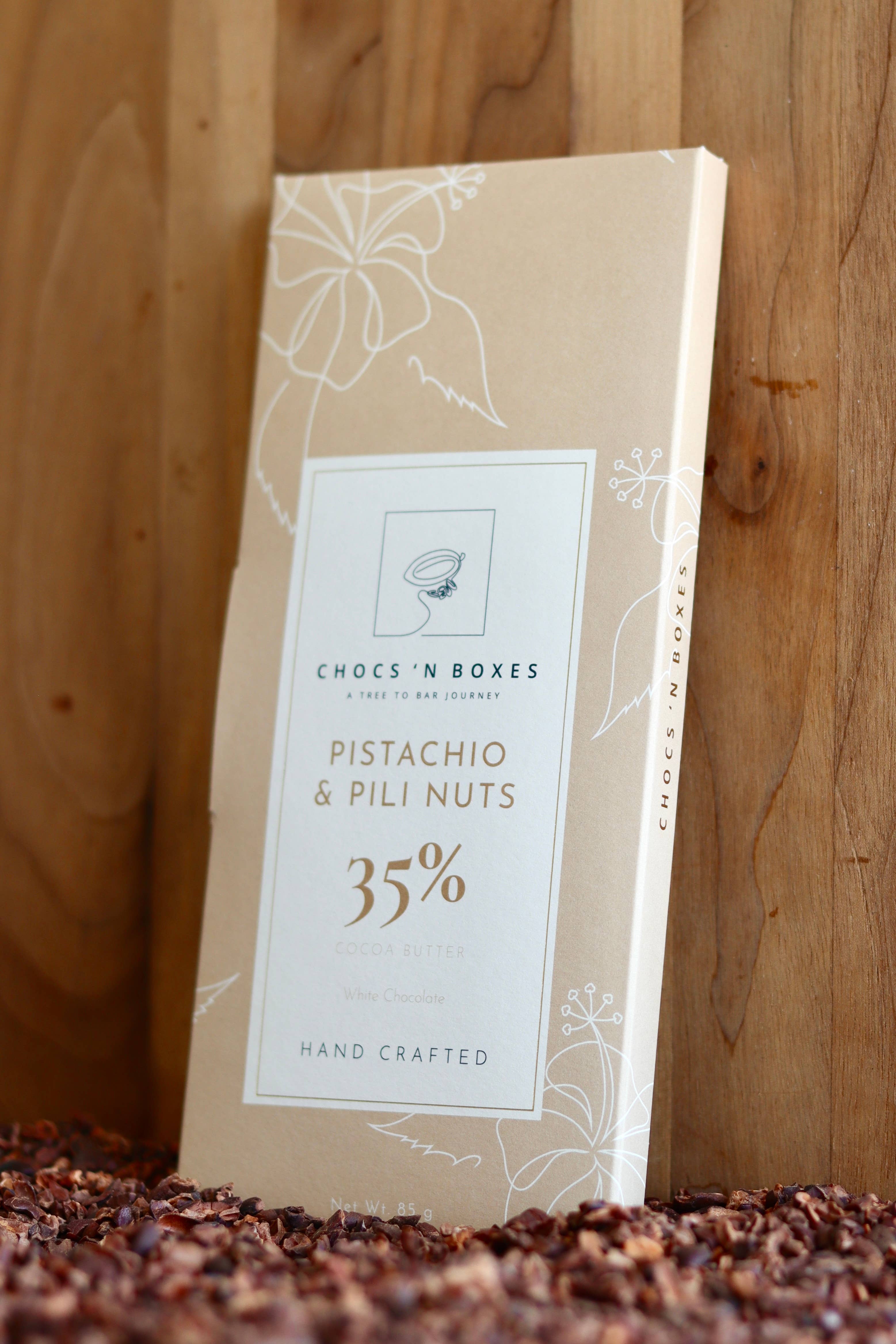 Chocs ‘N Boxes - Wholesale Chocolate Bar - 35% White Chocolate Bar with Pistachio & Pili Nuts0