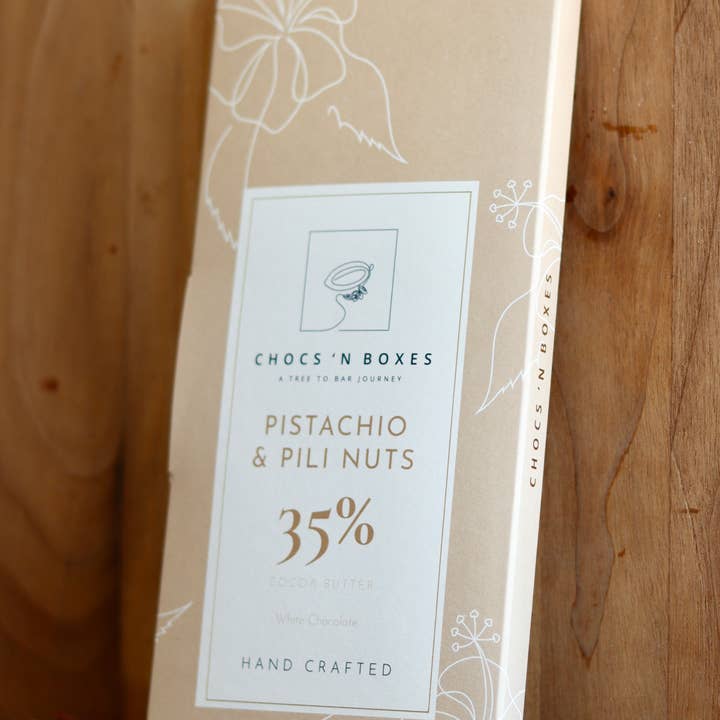 Chocs ‘N Boxes - Wholesale Chocolate Bar - 35% White Chocolate Bar with Pistachio & Pili Nuts