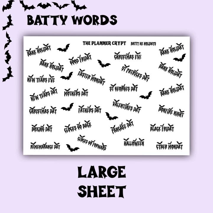 Motleyboo – wholesale Sticker – UK holiday planner stickers, planner stickers, date stickers, word stickers, gothic stickers, holiday stickers, halloween, dates for diary