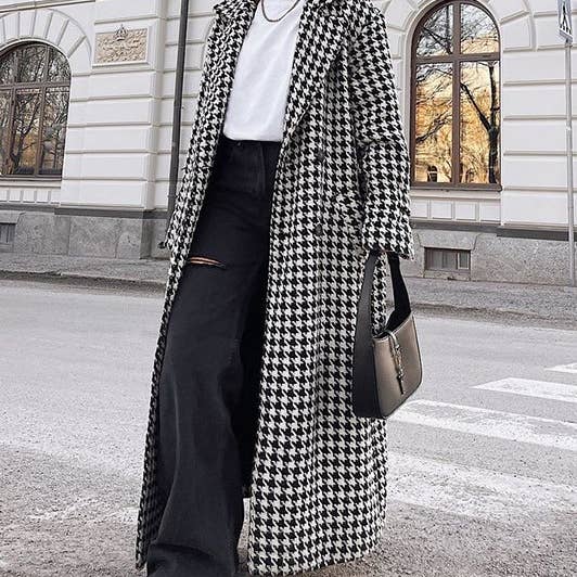 Black and white houndstooth long trench coat for wholesale on Faire