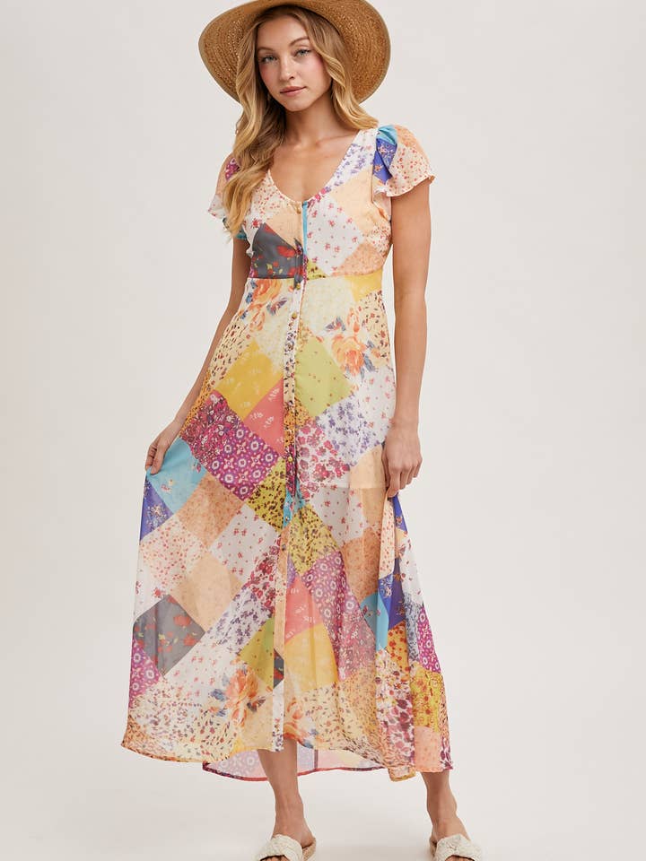 Bluivy - Wholesale Dress - Women's - QUILT PRINTED BUTTON DOWN MAXI DRESS