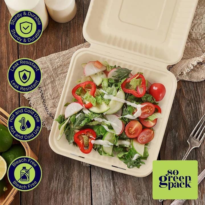 Sogreenpack - Wholesale Disposable Plate - 8" X 8" Compostable Bagasse Clamshell Eco-Friendly 50 Packs