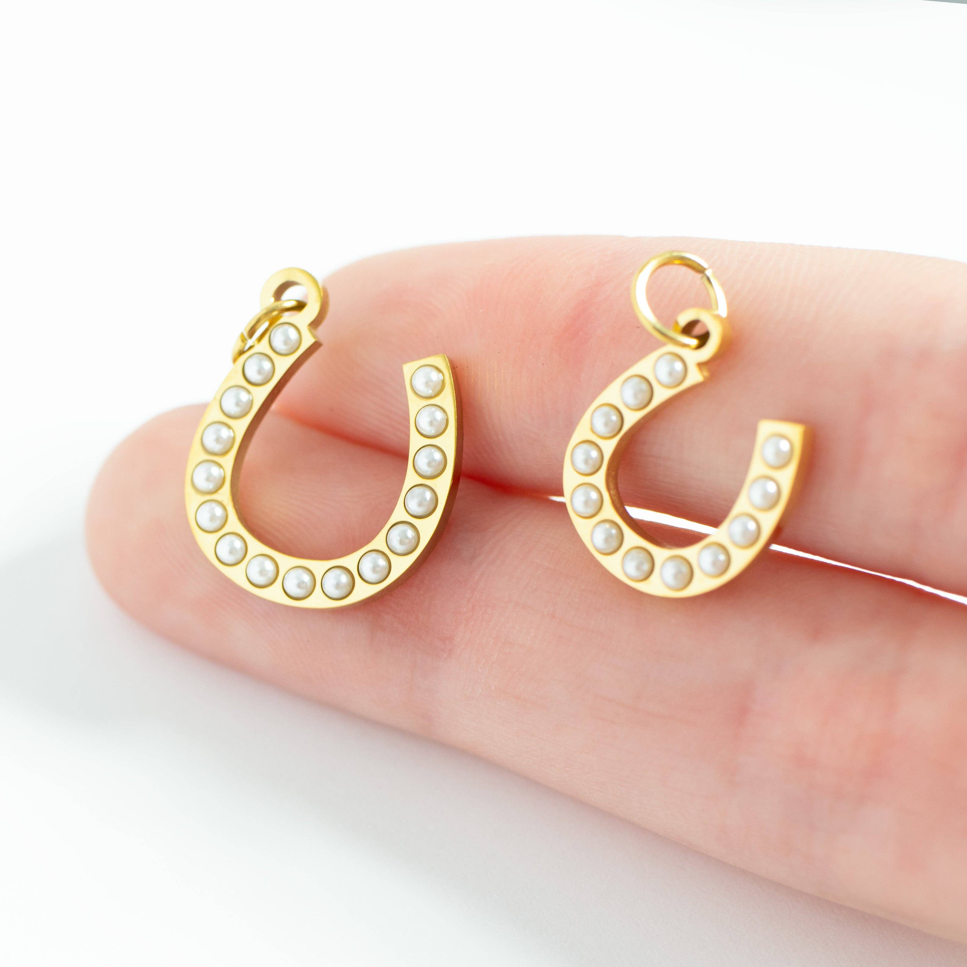 WJW - Wholesale Individual Charm/Pendant - 18K Gold PVD Stainless Steel Pearl Beaded Horseshoe Charm7