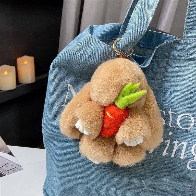 Plush Looks - Wholesale Keychain - Women's - Rex Rabbit Fur Cute Fluffy Bunny Holding Carrot Keychain10