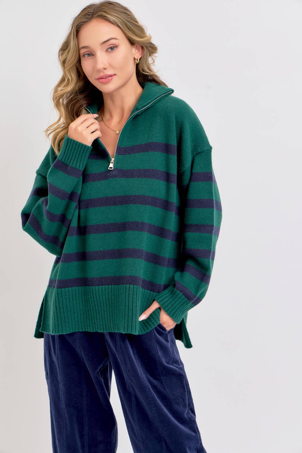 Sweet Lovely by Jen - Wholesale Knit Sweater - Women's - STRIPED ZIP-FRONT OVERSIZED PULLOVER KNIT SWEATER  31