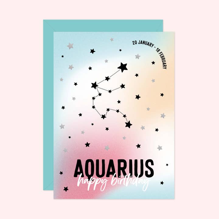 Aquarius zodiac star sign birthday card - Silver foil for wholesale by Purple Tree Designs