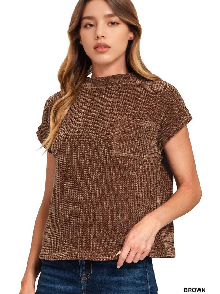 42POPS - Wholesale Knit Sweater - Women's - ....0930 Chenille Waffle Short Sleeve Sweater SI-269167
