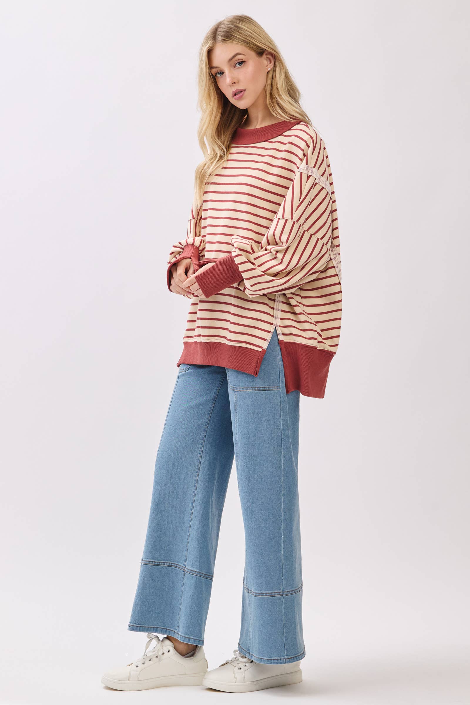 Sewn and Seen - Wholesale Sweatshirt - Women's - Striped Balloon Sleeve Terry Sweatshirt12