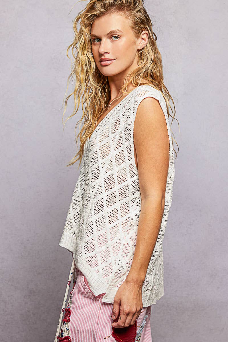 Pol Clothing - Wholesale Knit Top - Women's - V-neck Diamond Weave Crochet Sleeveless Knit Top 19