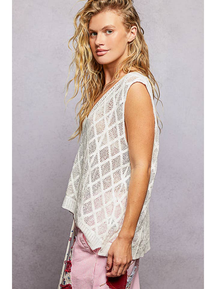Pol Clothing - Wholesale Knit Top - Women's - V-neck Diamond Weave Crochet Sleeveless Knit Top 19