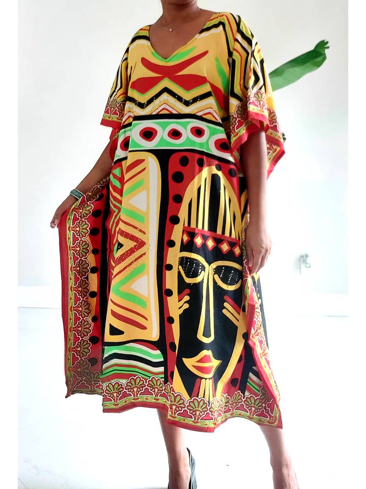 India Batik - Wholesale Kaftan - Women's - Afro Print Middi Kaftan Dress