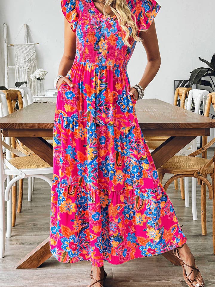 Boho Floral V Neck Ruffle Tiered Long Dress for wholesale by 1 the Woman