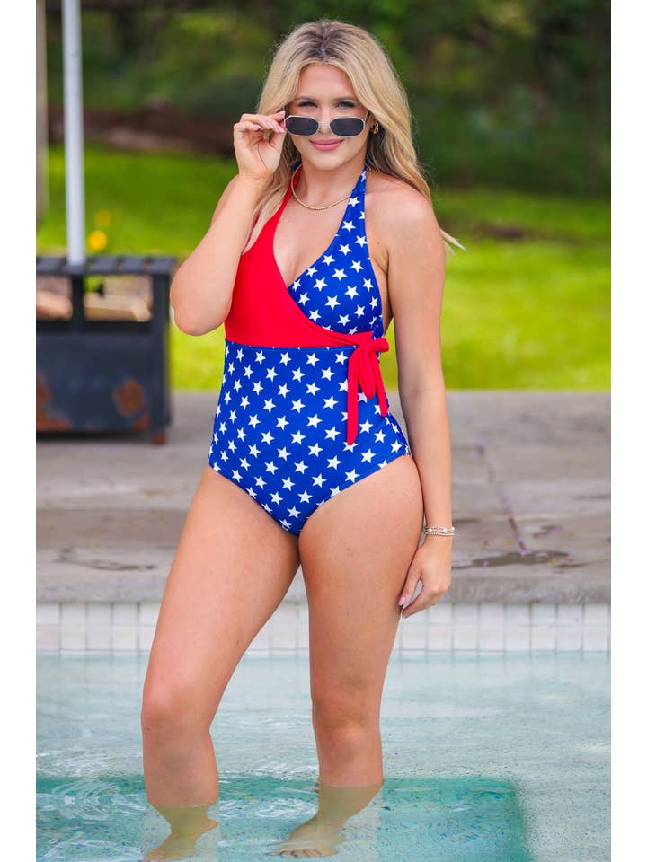 Red Blue Liberty Wave Halter Swimsuit, Red/Blue for wholesale on Faire10