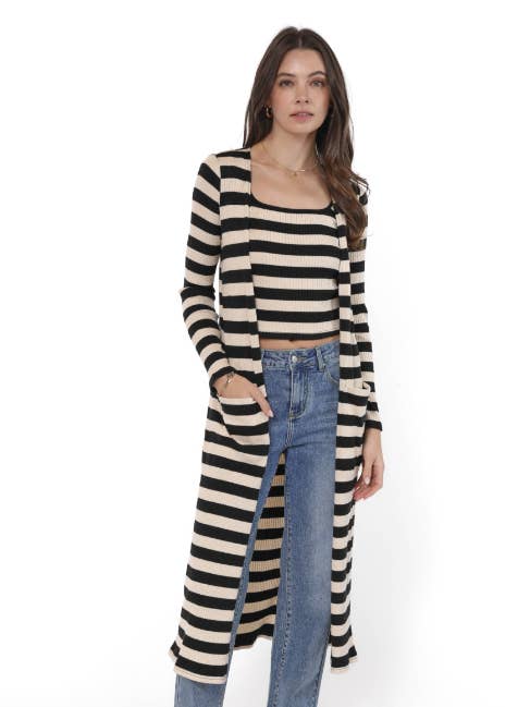 Soul Sisters Striped Rib Knit Long Cardi : BLACK IVORY for wholesale by Sadie & Sage
