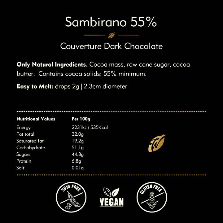 Willie's Cacao - Wholesale Chocolate - Chefs Drops. Sambirano 55% couverture dark chocolate. Fruity4