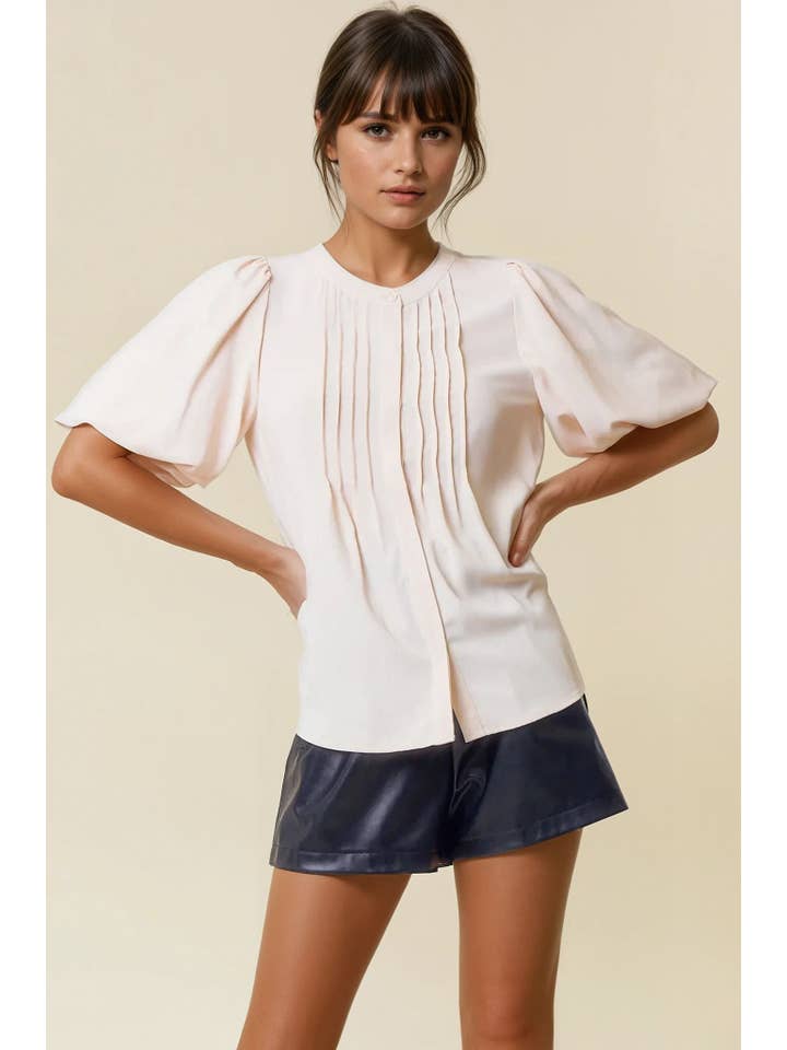Doe and Rae - Wholesale Blouse - Women's - BUBBLE SHORT SLEEVE PINTUCK BUTTON DOWN BLOUSE - 44111T