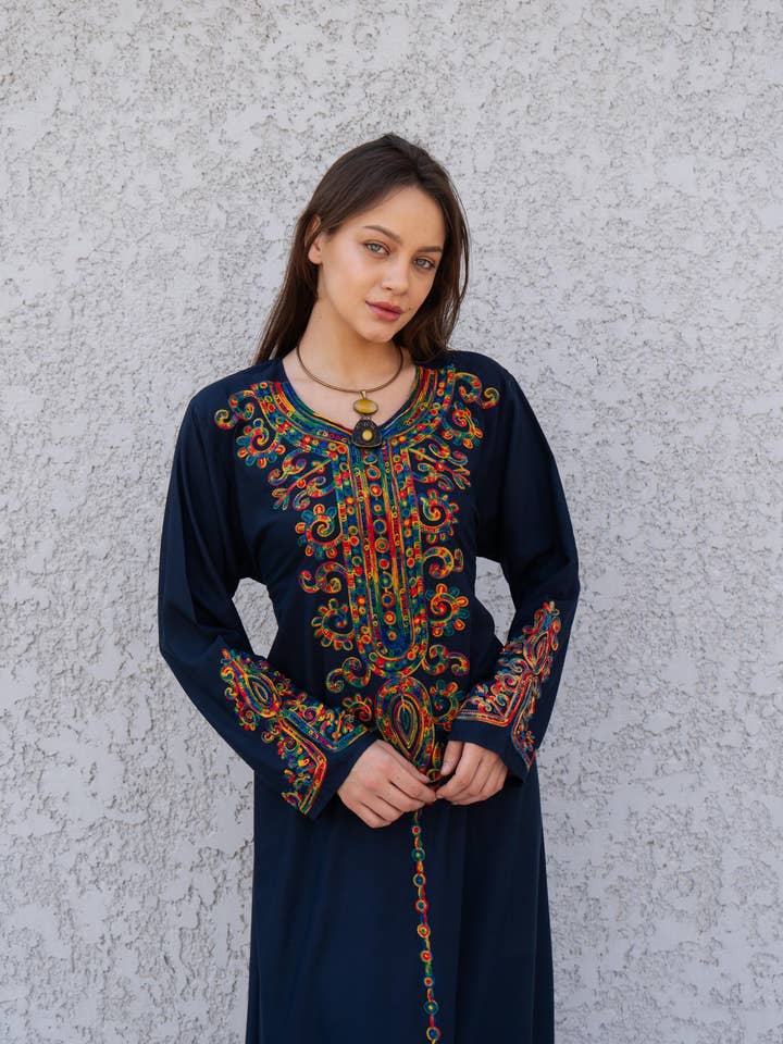Navy Blue embroidered caftan dress, embroidered Cotton caftan, Chic embroidered caftan, Egyptian cotton caftans for women for wholesale by Gipci