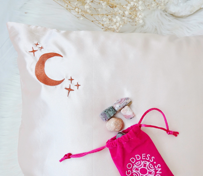 Goddess Provisions - Wholesale Bedding Pillowcase/Sham - Crystal Dreams Pillowcase, Cosmic Sleep Moon Pink Vegan Silk11