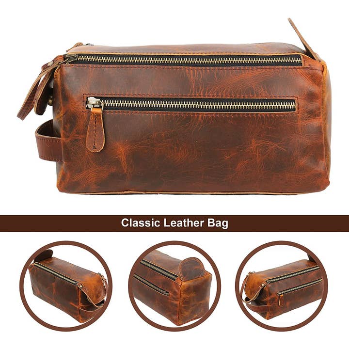 Tuzech Leather - Wholesale Toiletry Bag - Unisex - Tuzech Vintage Full Grain Leather Handmade Travel Toiletry Bag Vintage Travel Shaving & Dopp Kit : for Toiletries, Cosmetics & More (Dark Brown)