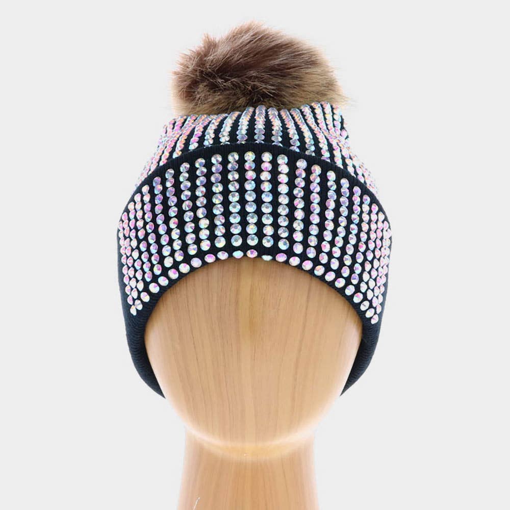 Sensibling Corp. - Wholesale Beanie - Women's - Double Layer Bedazzled Cuffed Pom Pom Beanie Hat 0