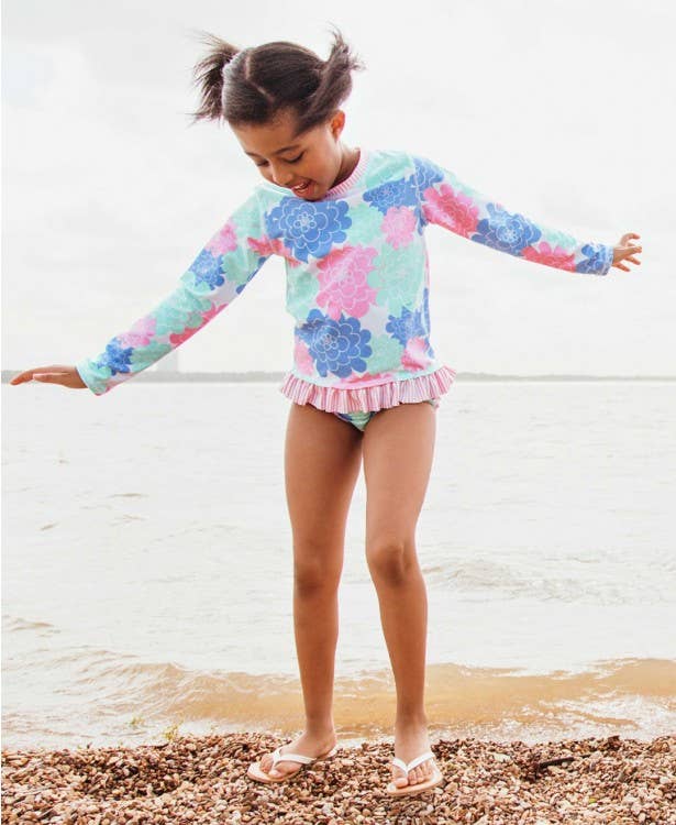 RuffleButts + RuggedButts - Wholesale Rashguard - Kids - Girls Pastel Petals Long Sleeve Rash Guard 2-Piece Swimsuit with Signature Rear Ruffles5