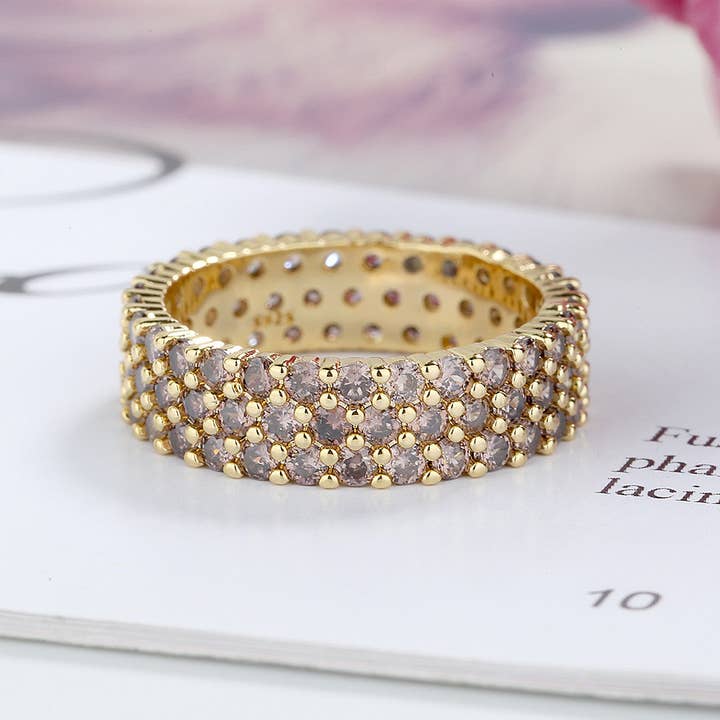 Amy and Annette - Wholesale Multi-Stone Ring - 14K Gold Plated Three Row Chocolate Crystal Eternity Ring