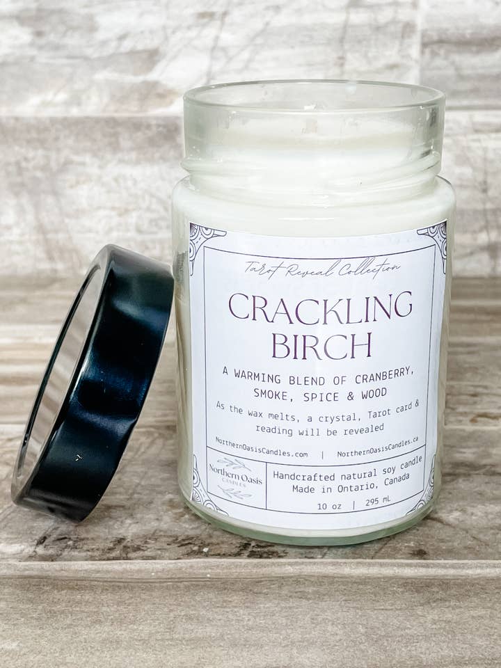 Crackling Birch Tarot Message and Crystal Reveal Soy Candle for wholesale by Northern Oasis Candles